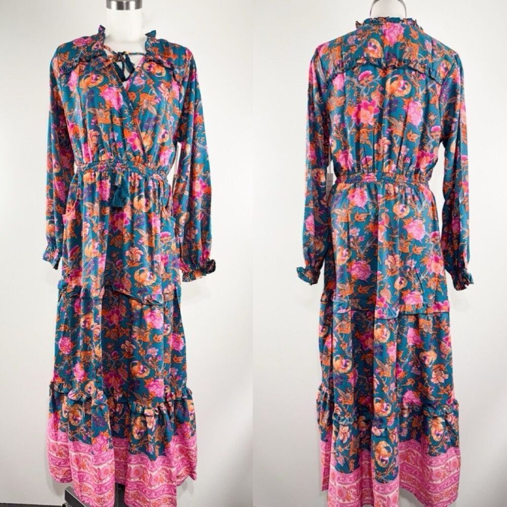 Anthropologie Teal Maxi Dress with Pink and Orange Floral Print - Picture 2 of 11